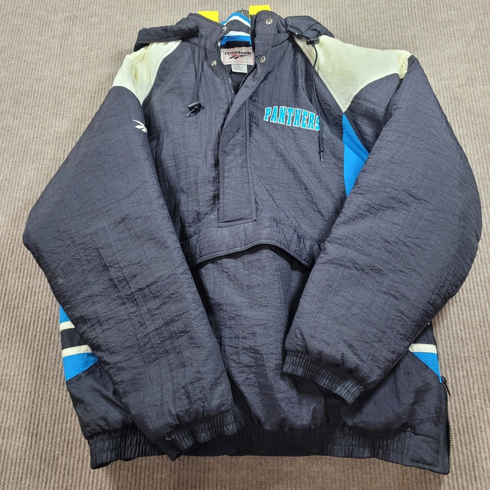 Vintage Carolina Panthers NFL Pullover Puffer 1/4 Zip Jacket Hood Black Blue XL